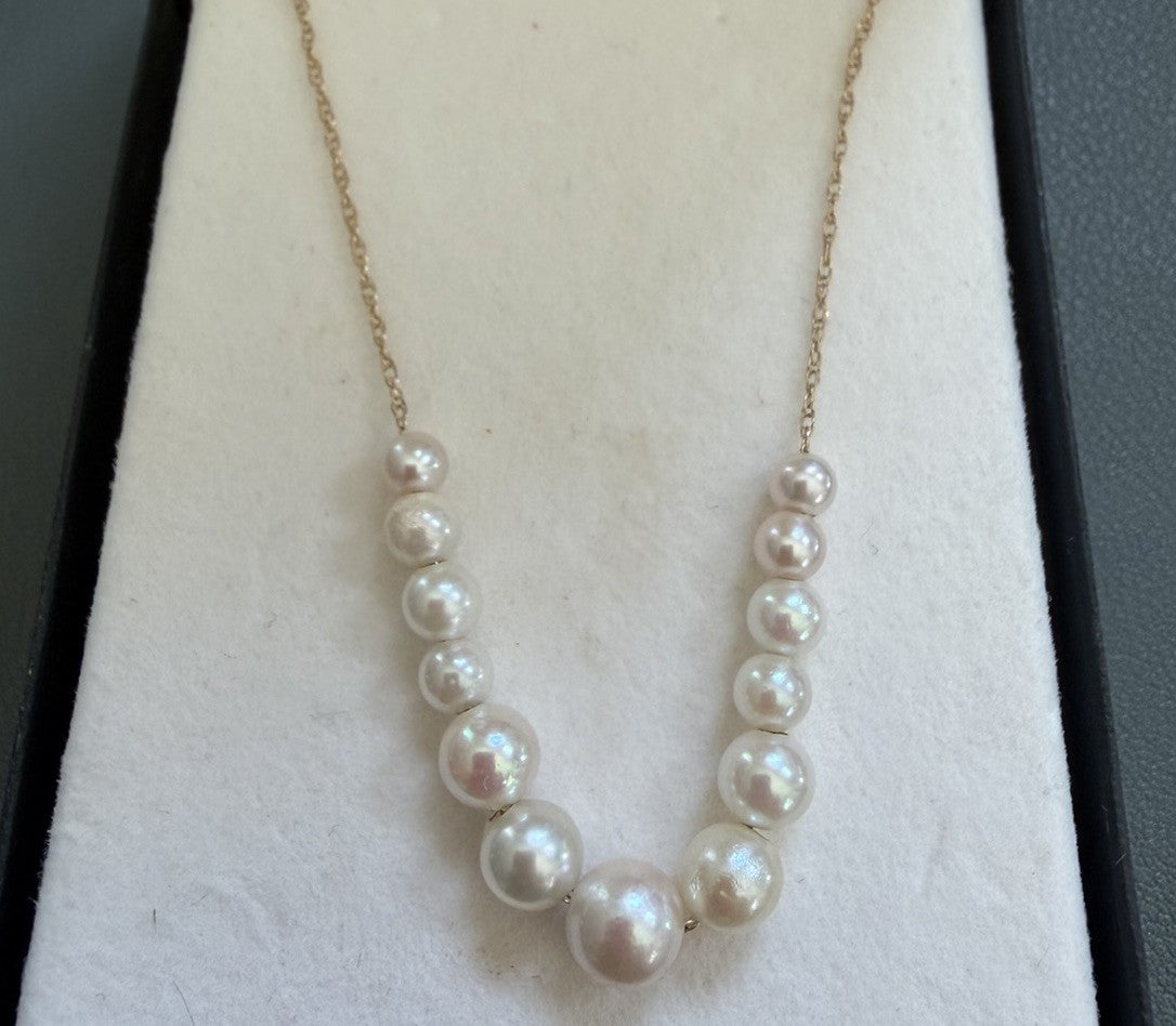 Vintage 14K Yellow Gold Cultured Pearl Station Necklace Dainty Signed FC