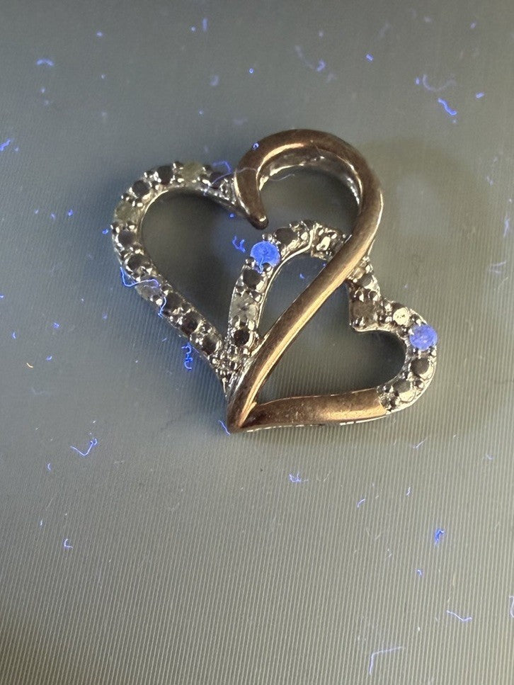 Sterling Silver 925 & 10KGFL  DIAMOND Double Heart Charm Or Pendant