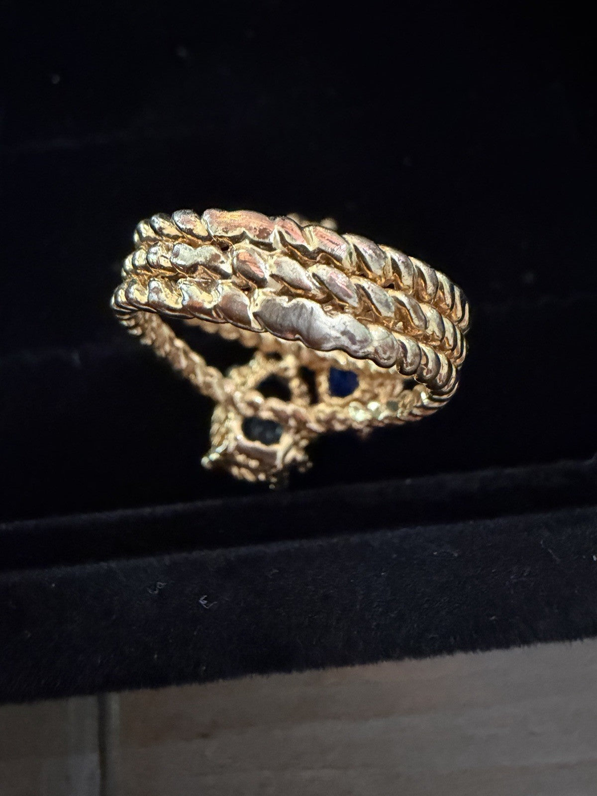  Gold toned Ring with  Blue Gemstones Rope Design, Size 7