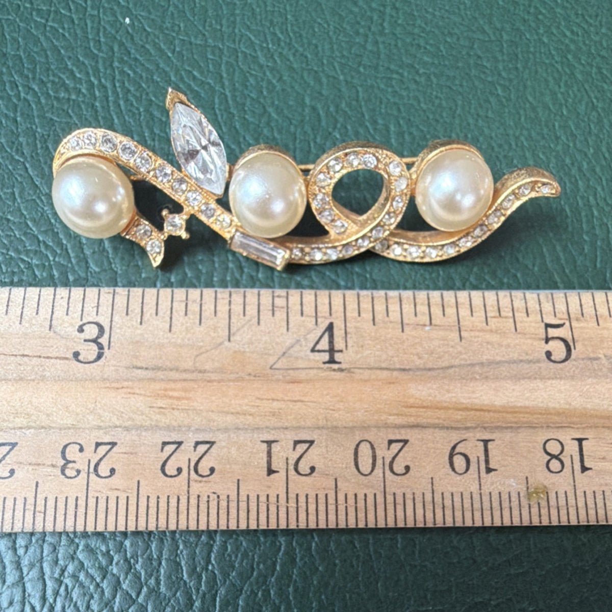 Vintage Gold Tone Faux Pearl Rhinestone Swirl Brooch Pin 3”