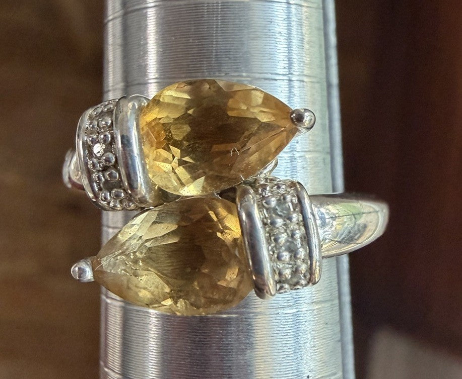 Designer Signed Two Teardrop Citrine Bypass Ring 925 Sterling Silver - Size 8