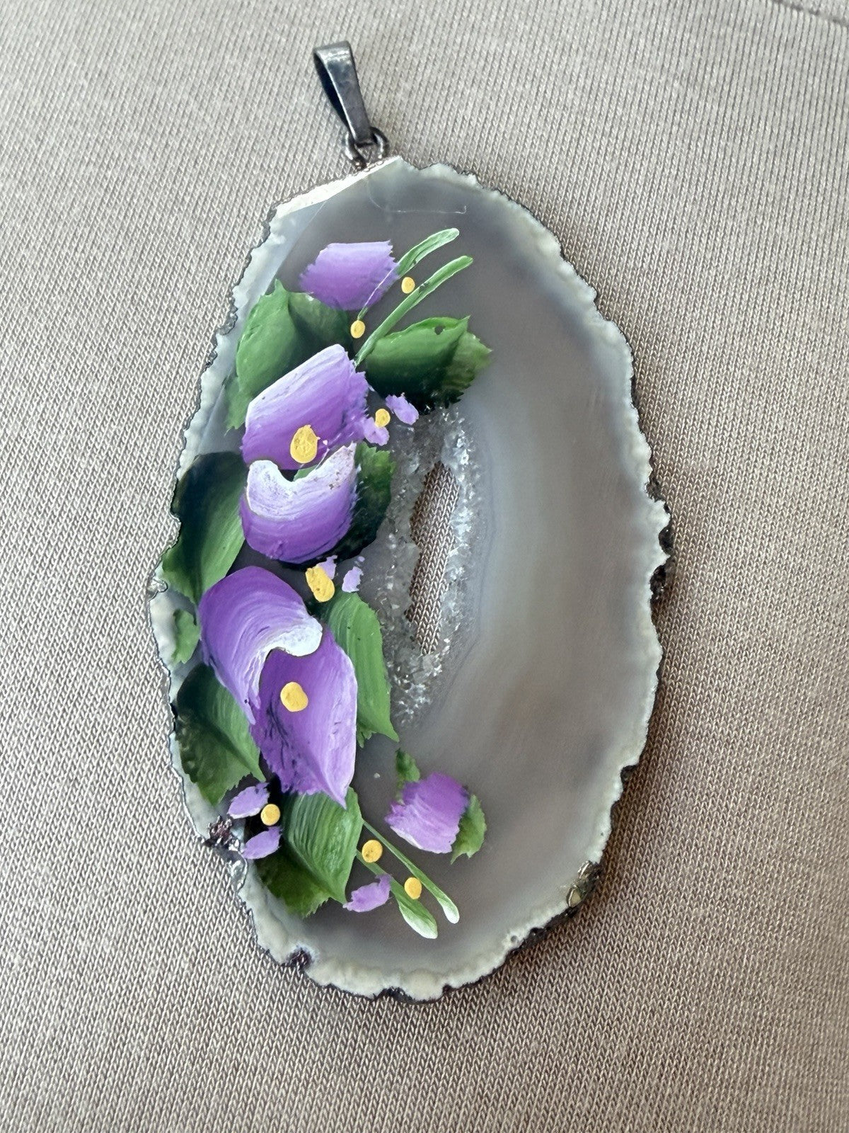 Hand Painted Polished Agate Slab Silver Purple Blue Flowers Pendant