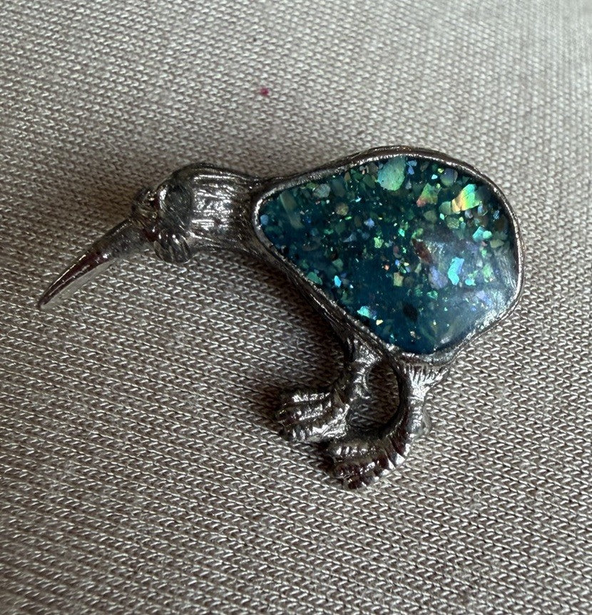 Kiwi Bird Brooch Pin Abalone Flake Confetti Glitter Resin Goldtone 1”