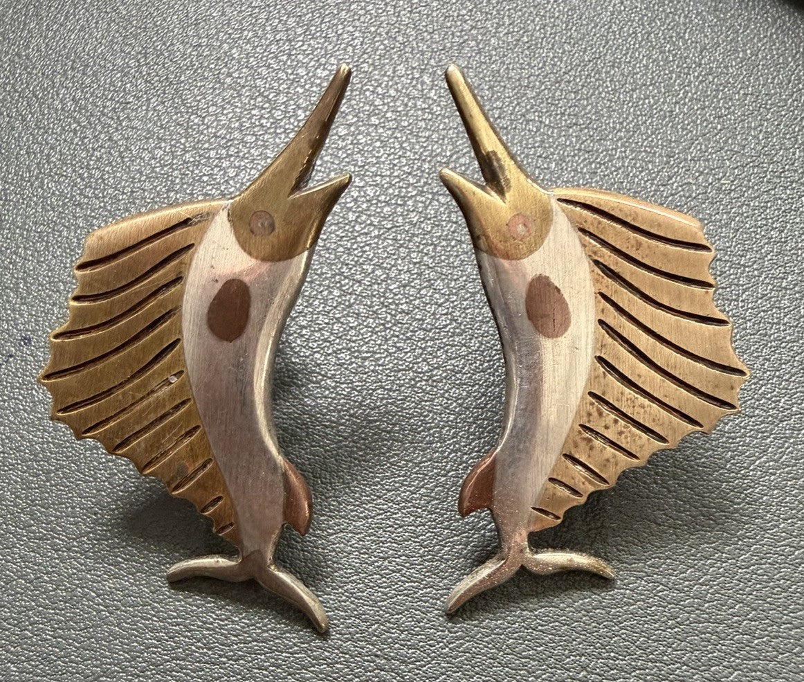 Vintage Taxco Sterling Silver Marlin Sailfish Earrings Two Tone Signed Mexico 