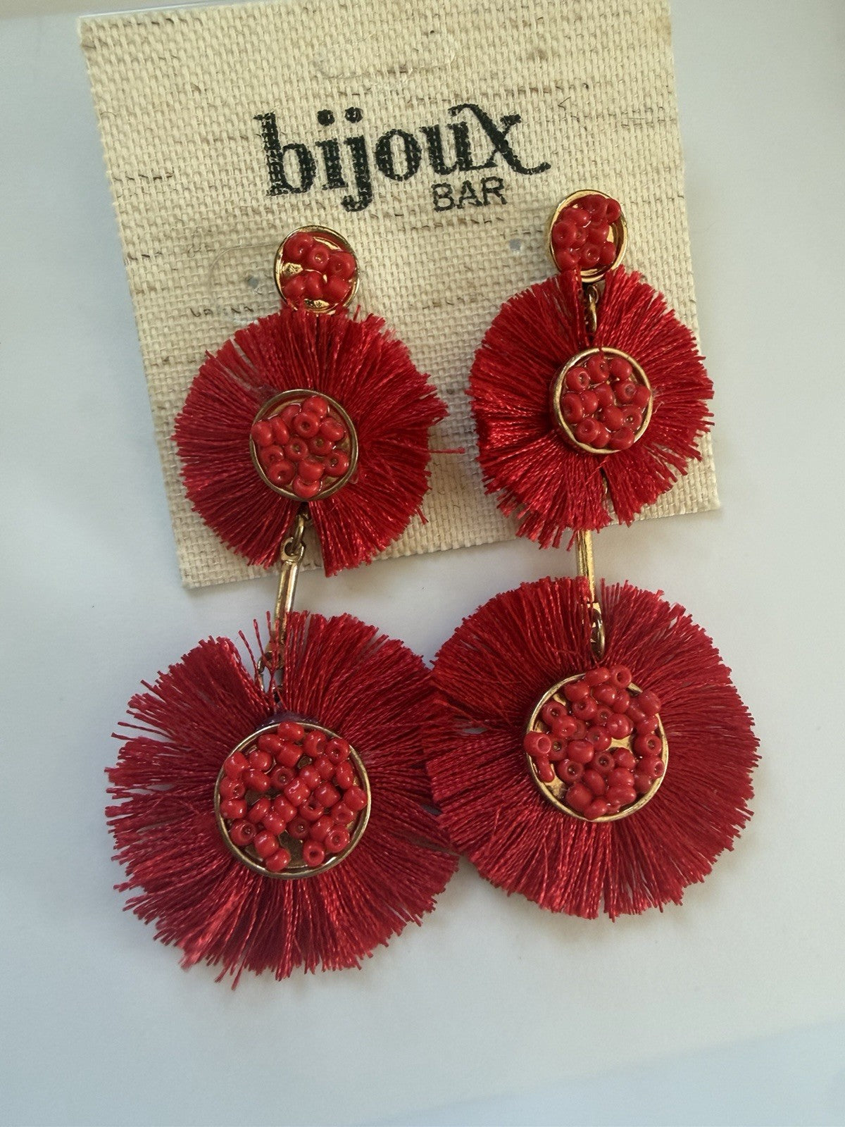 Bijoux Bar Red/Gold Beaded Tassel Fringe Dangle Drop Earrings Round Post Signed