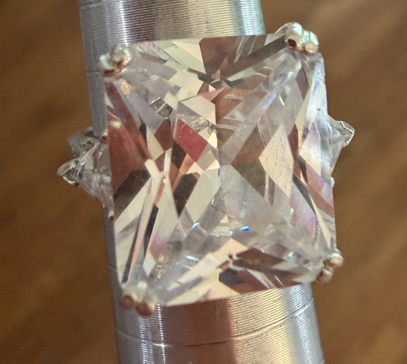 Sterling Silver 925 Ring with Large Clear Cushion Stone Statement Solitaire 5.25