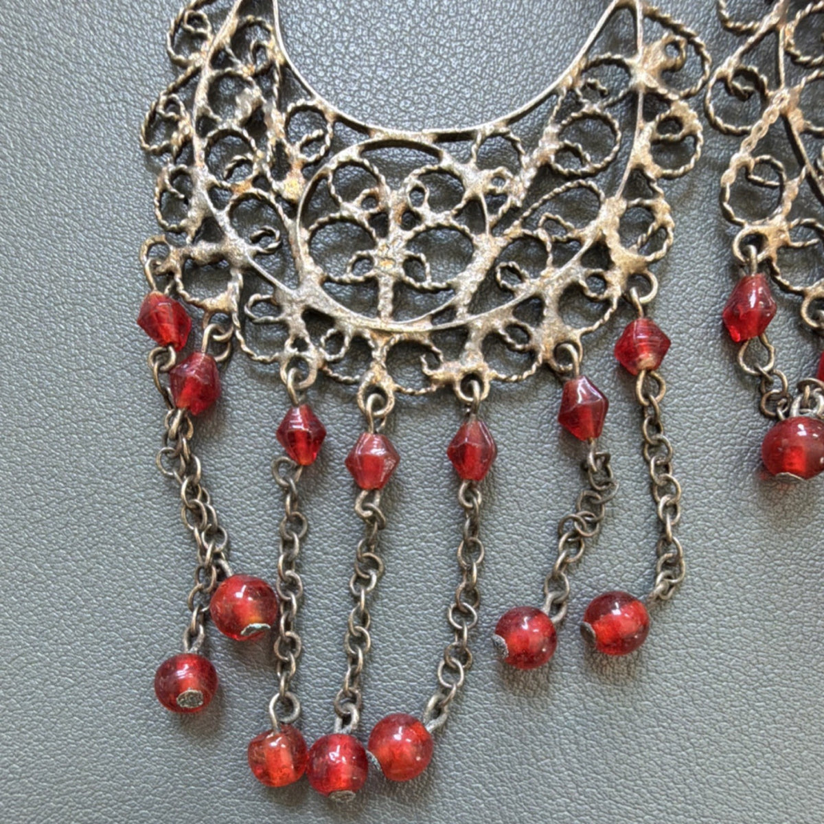 Handcrafted Bronze Filigree Chandelier Earrings Red Glass Beads Bohemian