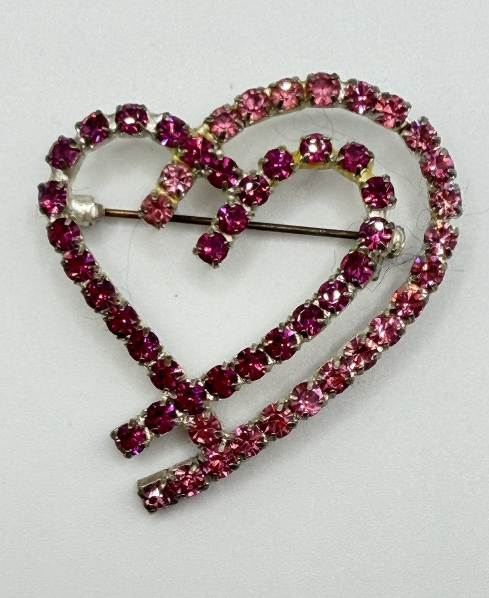 Vintage Y2K Pink Rhinestone Heart Brooch Pin Romantic Coquette Bimbocore Sparkle