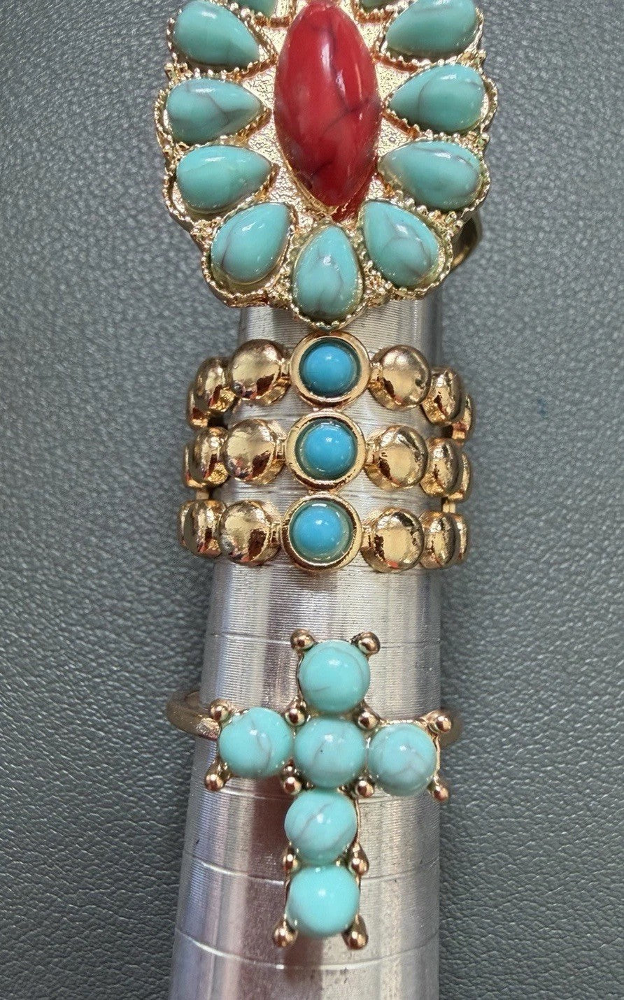 Lot Of 3 Rings Costume Jewelry Gold Toned Turquoise Color Cross Wide Band Native
