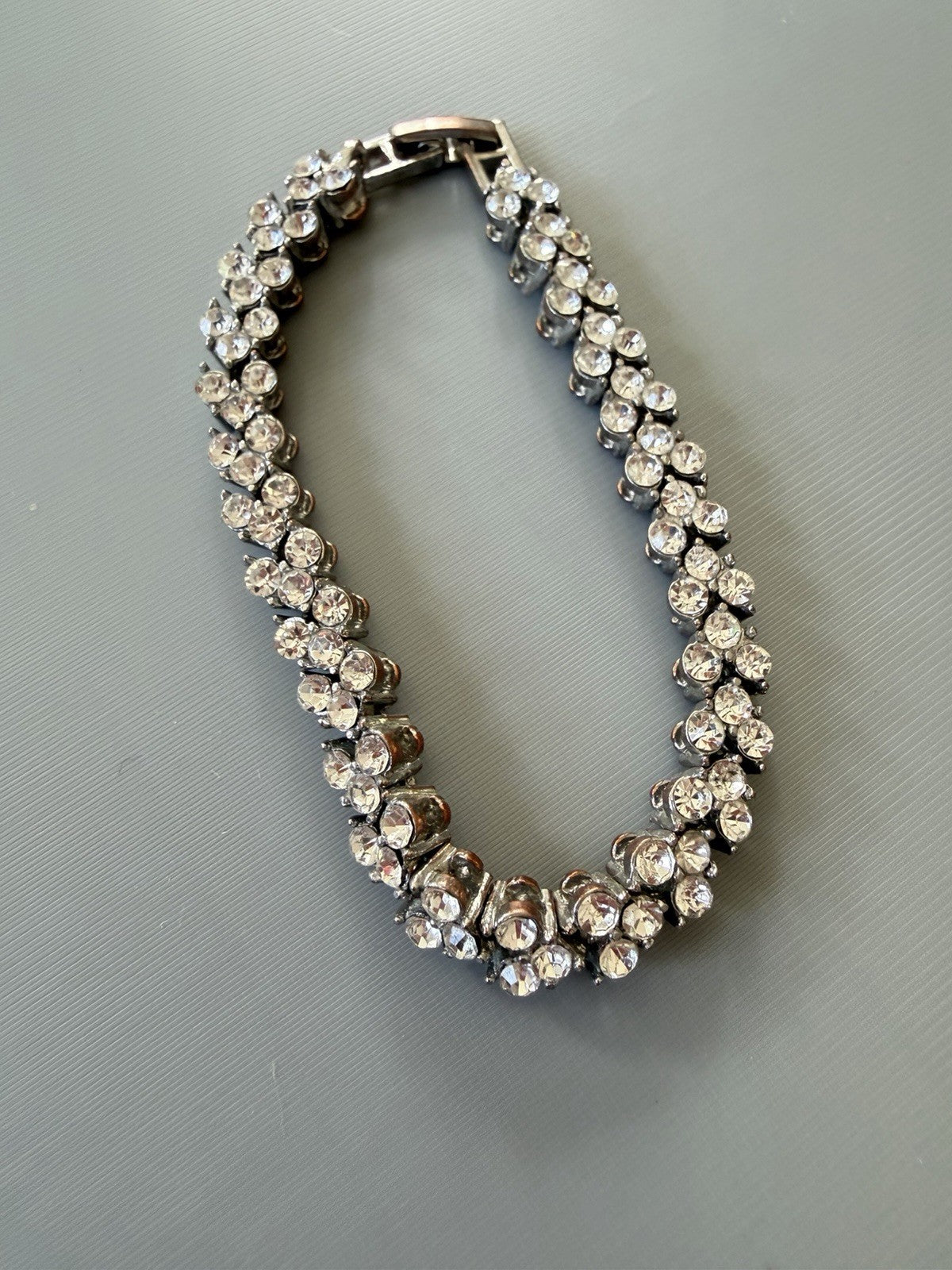 Vintage Silver Tone  White Round Crystal Tennis Bracelet