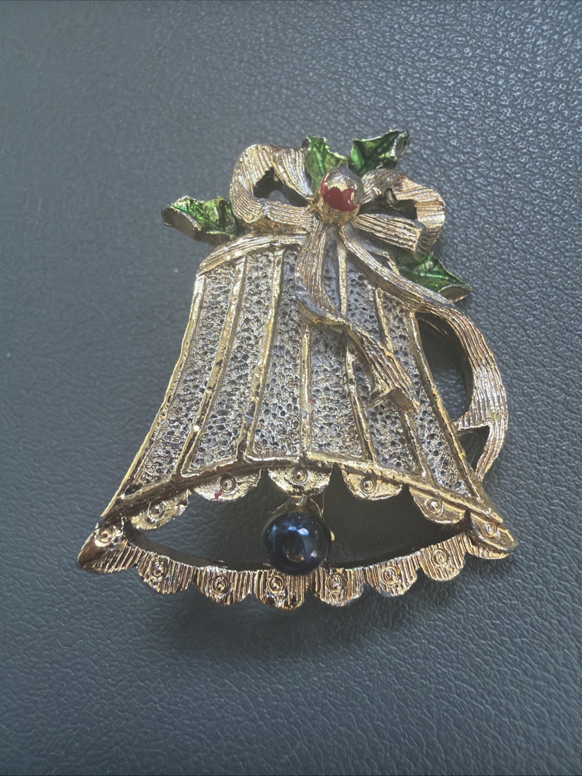Vintage Gerry's Signed Christmas Bell Enamel Holly Holiday Gold Tone Brooch Pin