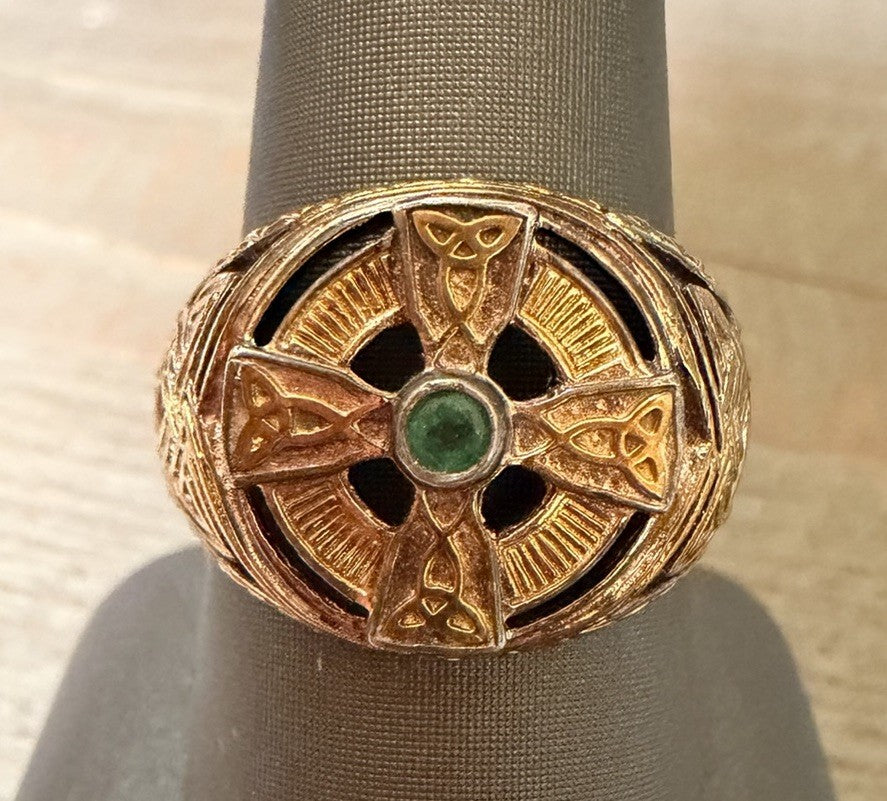 Franklin Mint 925 Sterling Silver Celtic Cross Emerald Signet Ring, Sz 12 USA