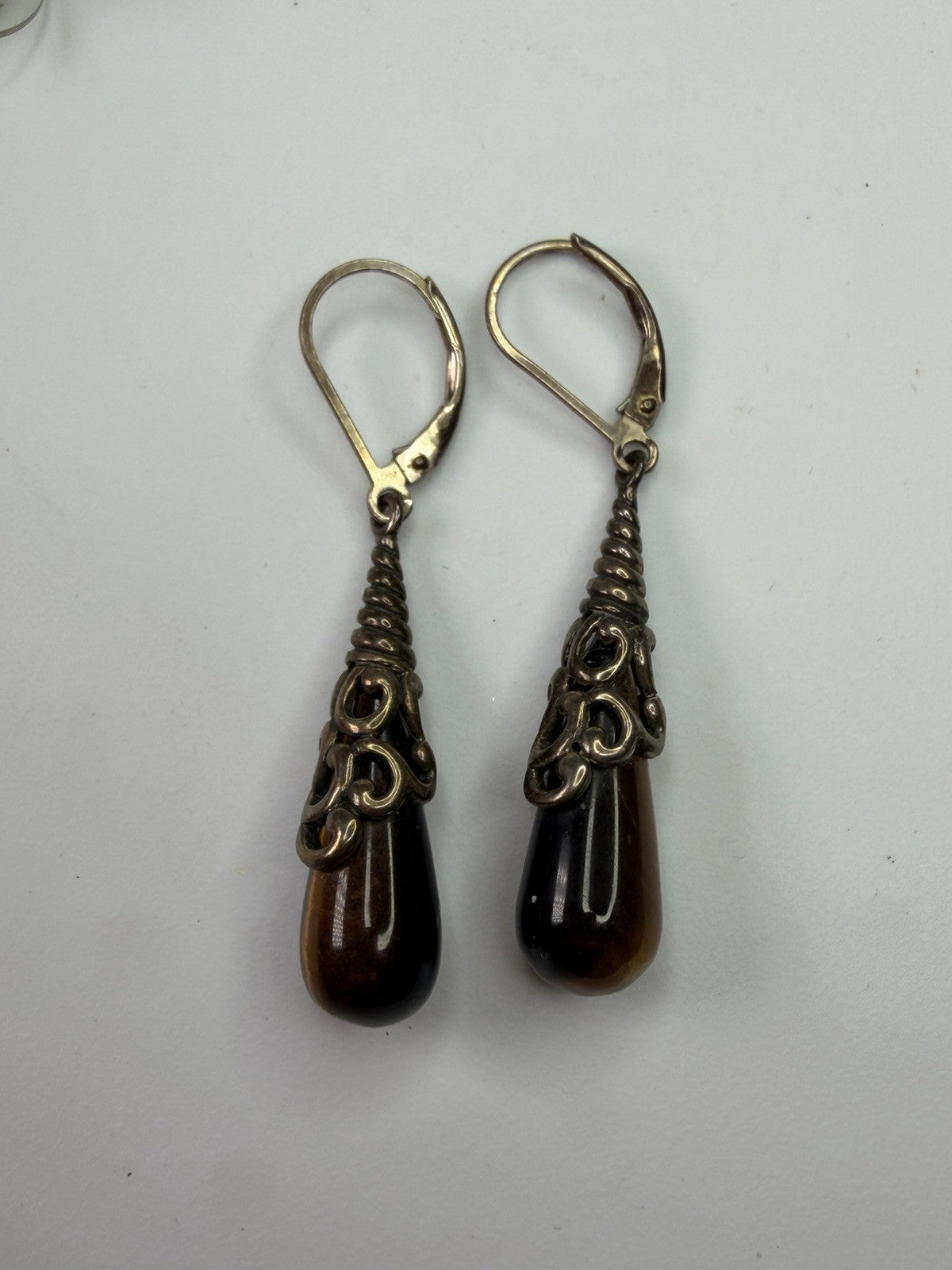 Vintage Dangle Teardrop Earrings Ornate Sterling Silver 925 Cap Tiger Eye Stone