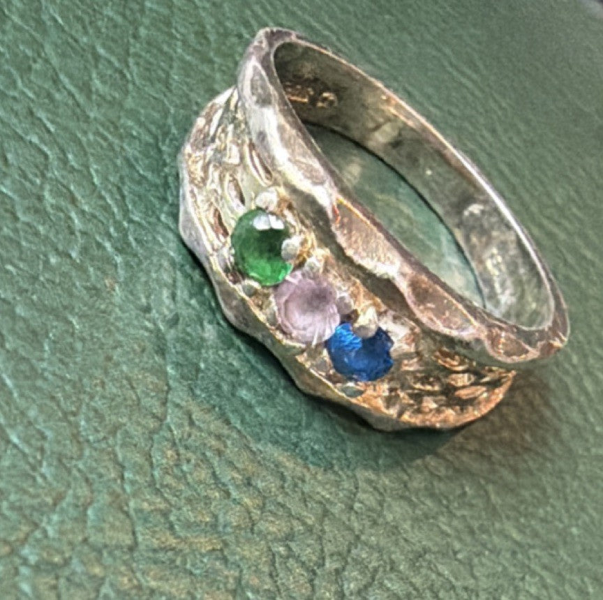 Sterling Silver 925 Ring with Green spinel, diamond and blue topaz, Size 6