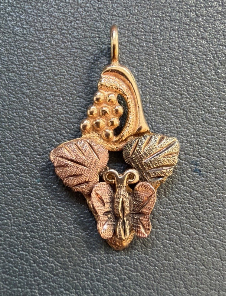 10k Vintage Tri Colored Black Hills Gold Butterfly and leaf PENDANT Or Charm
