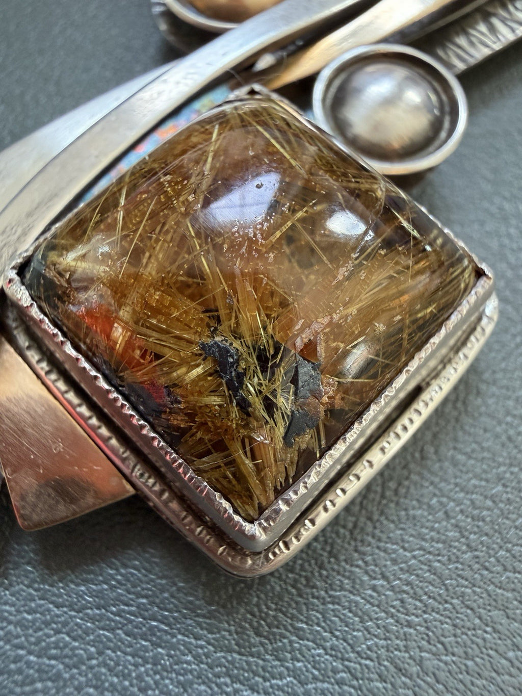 Patricia Karnes Stinson 14K Sterling Silver Rutilated Quartz Brutalist Brooch