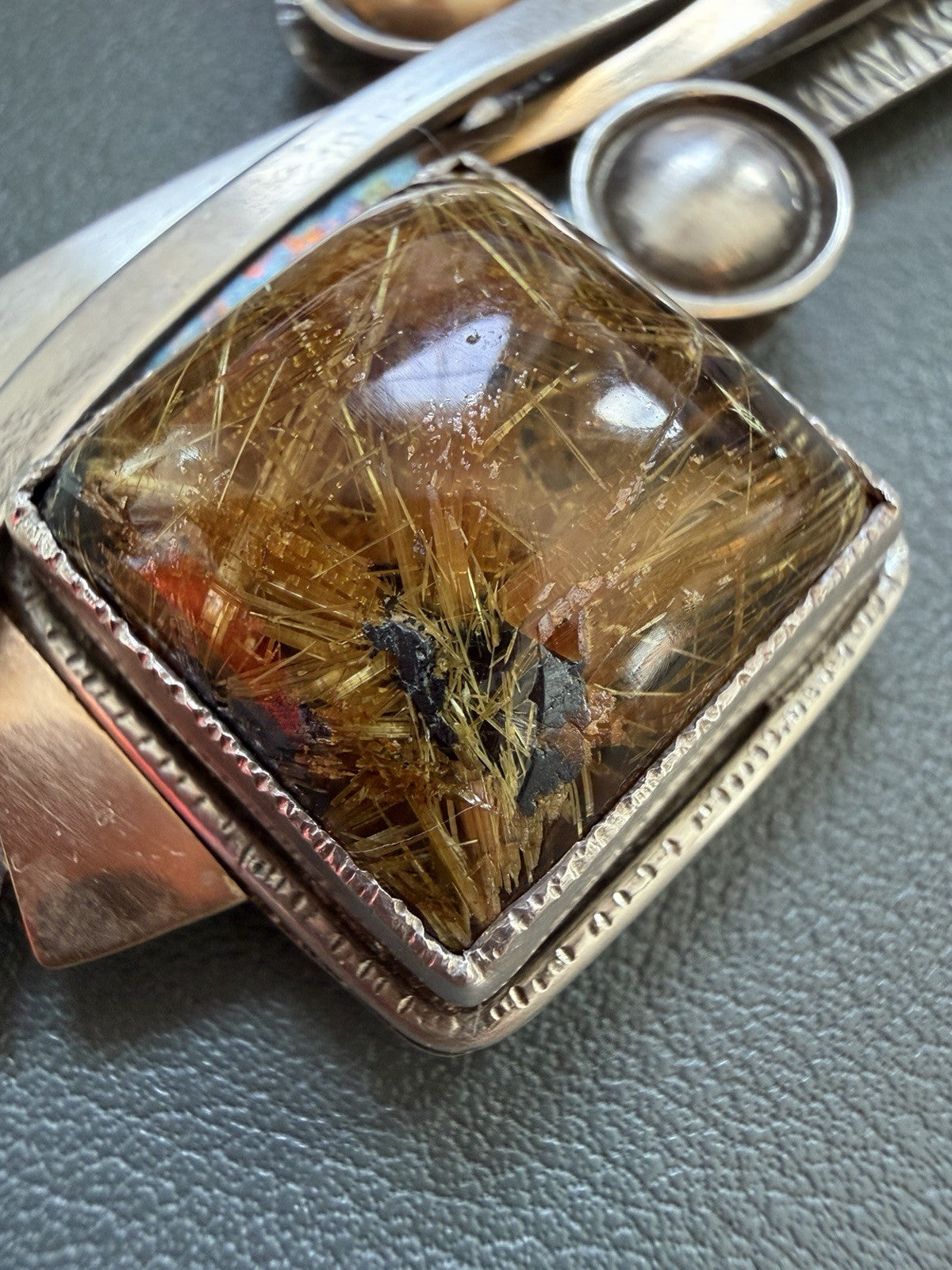Patricia Karnes Stinson 14K Sterling Silver Rutilated Quartz Brutalist Brooch