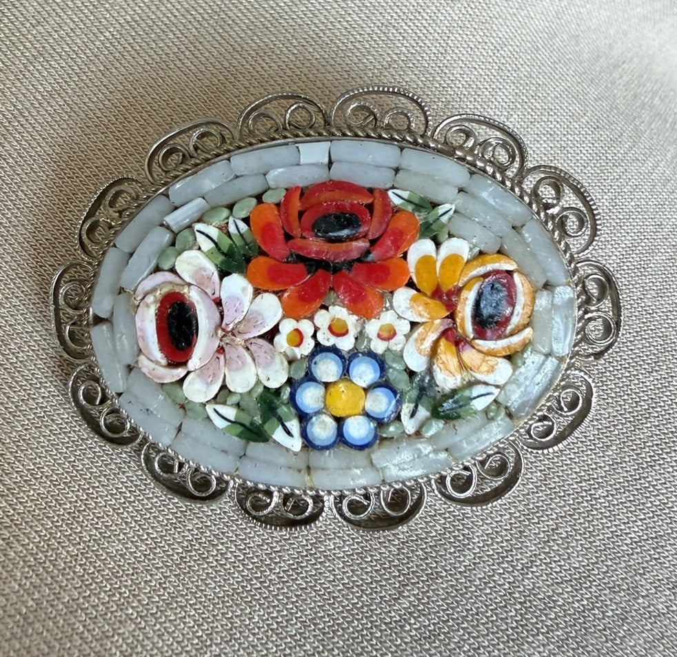 Vintage Micro Mosaic Art Glass Italy Floral Inlaid Costume Pin Brooch Gorgeous