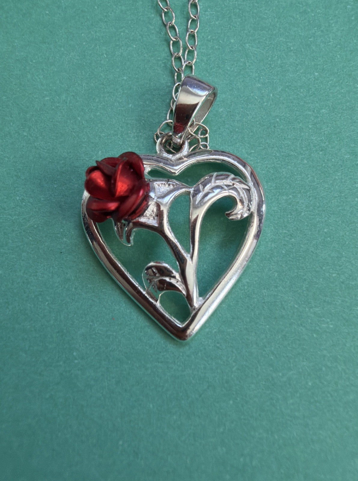 Sterling Silver 925 Red Rose Heart Pendant Necklace 18” 3D Flower Love