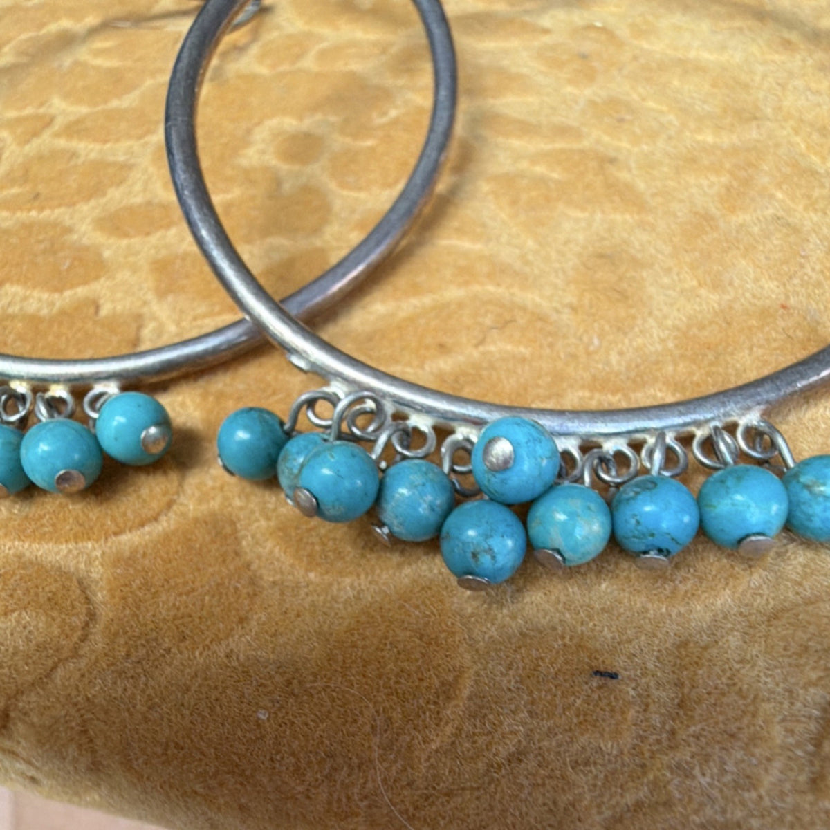 Sterling Silver 925 Turquoise Beaded Large Hoop Dangle Earrings Navajo Style