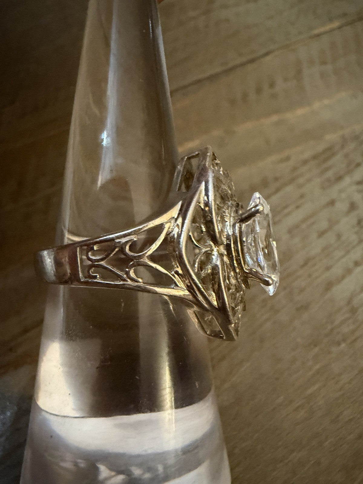 Vintage Sterling Silver Marquise Crystal Filigree Statement Ring Art Deco Style