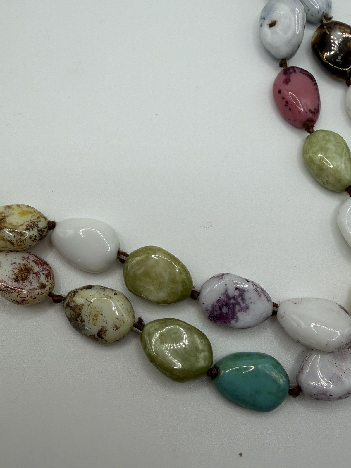Beautiful Multi-Color Glossy Coated Rock Stone Bead Necklace Very Long 35+Inch