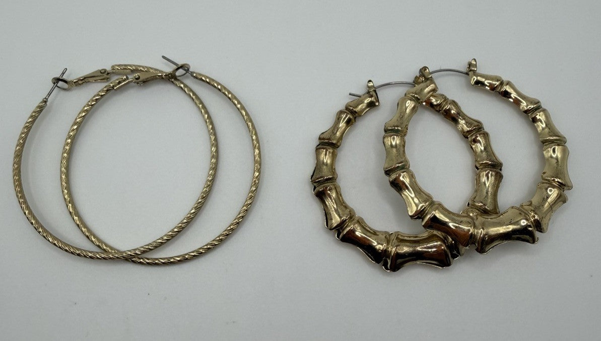 Vintage Lg Gold tone Earrings 2  Etched Hoops And Bamboo Pierced