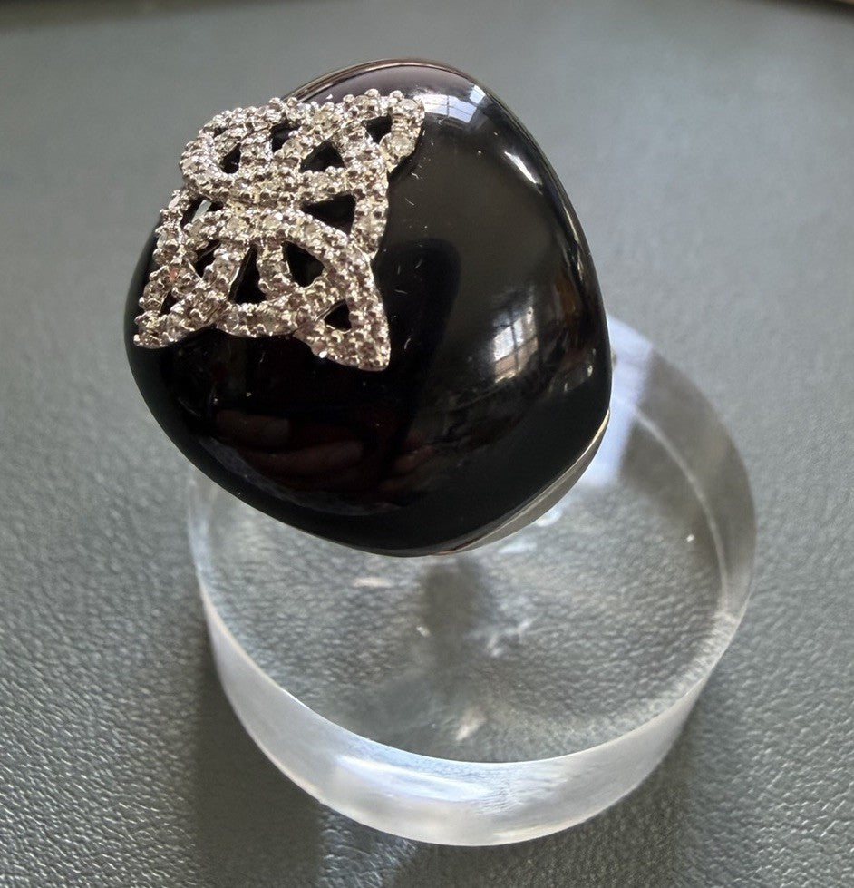 Stunning 925 Sterling Silver Black Onyx And Pavé Diamond Dome Ring Deco Style 7