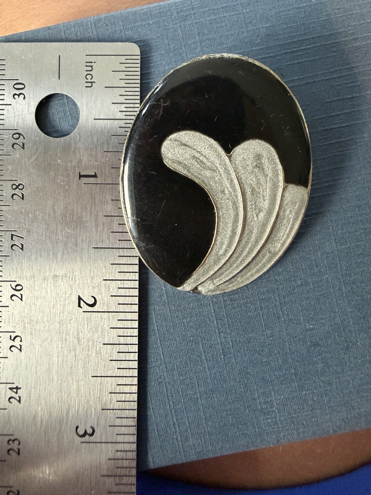 Oval Black & Silver Tone enamel  Metal Stud Earrings 1.5in Lobe Pierced Pair