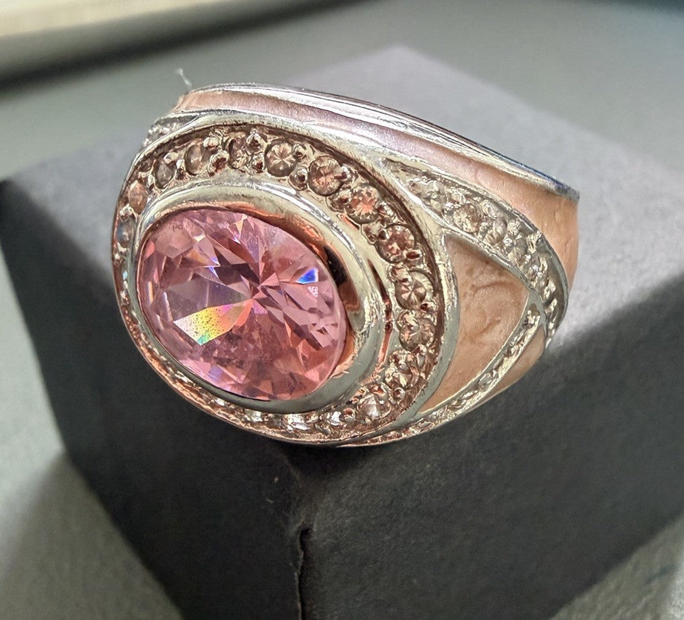 Pink Uranium Glass & White CZs Pink Enamel Design Band Ring - SIZE 8