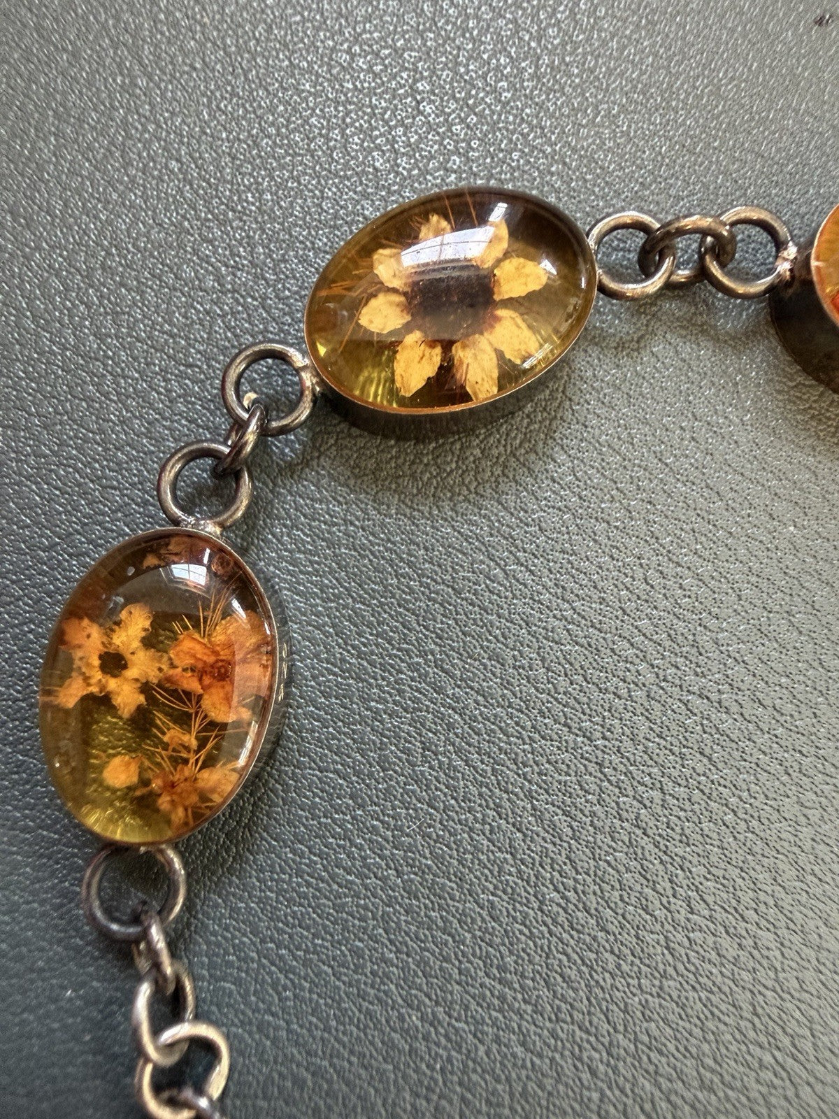 STERLING SILVER 925 Embedded Dried Flower Link Bracelet.