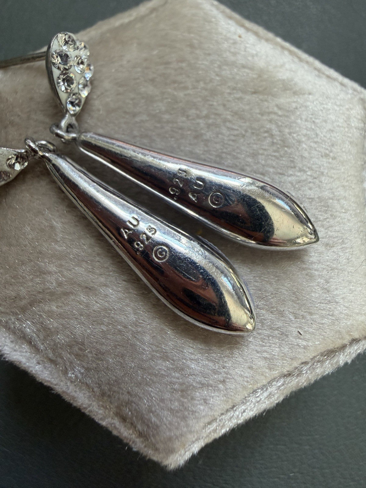 Sterling Silver 925  Drop Dangle EARRINGS vtg Purple White Crystal 1.4" Art Deco