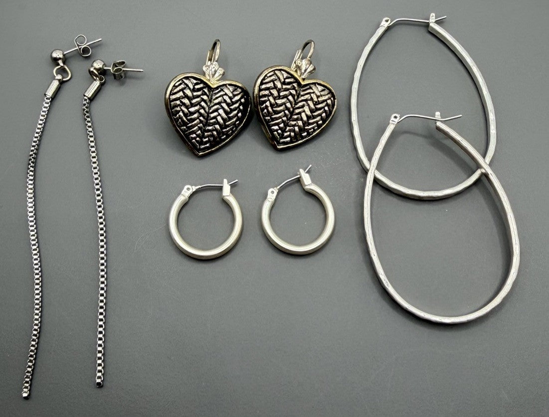 LOT OF 4 VTG SILVER TONE  EARRINGS, Two Toned Hearts, Hammered Hoops, Dangle