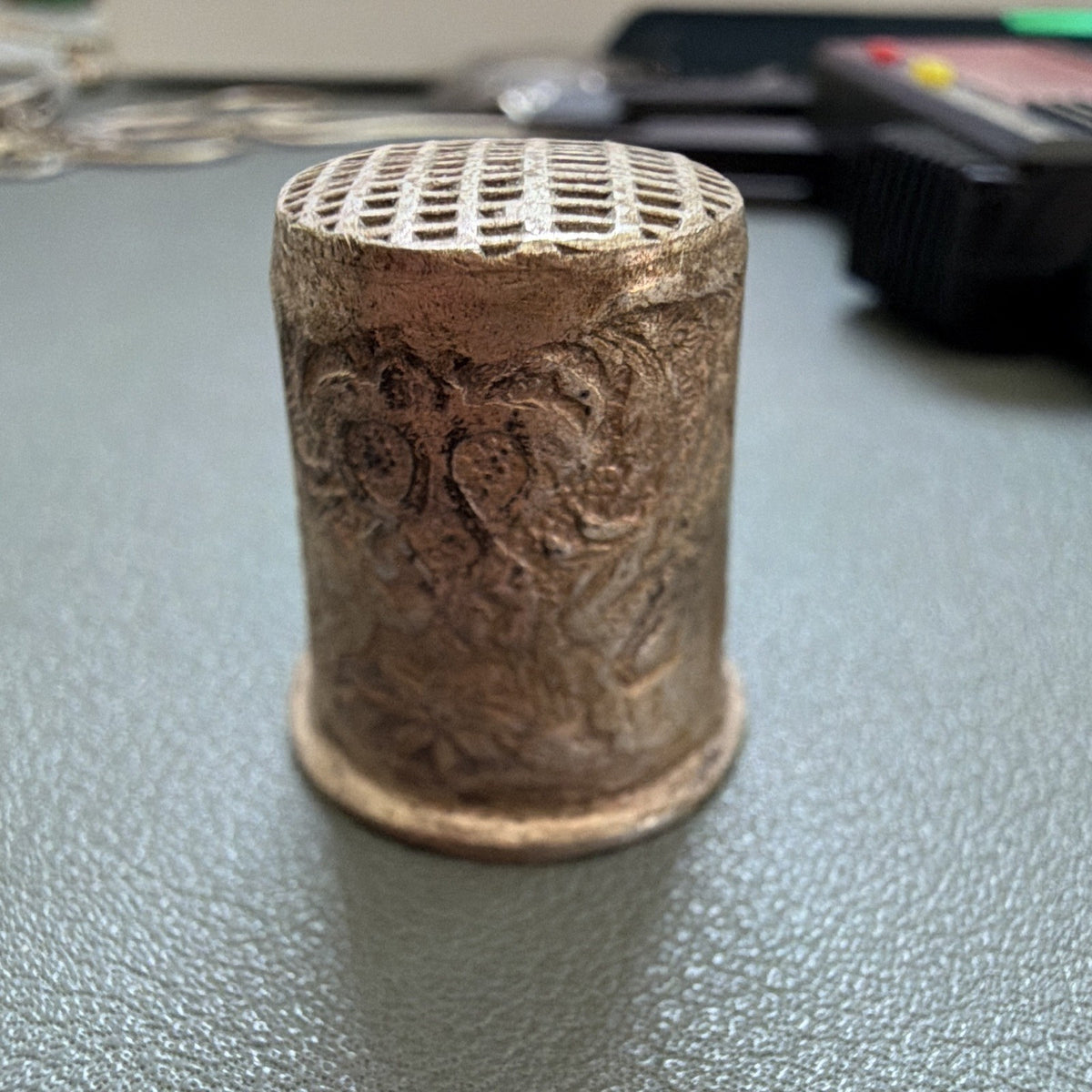 Vintage Metal Sewing Thimble w/ Floral Engraving & Waffle Top, Approx. 0.76 .