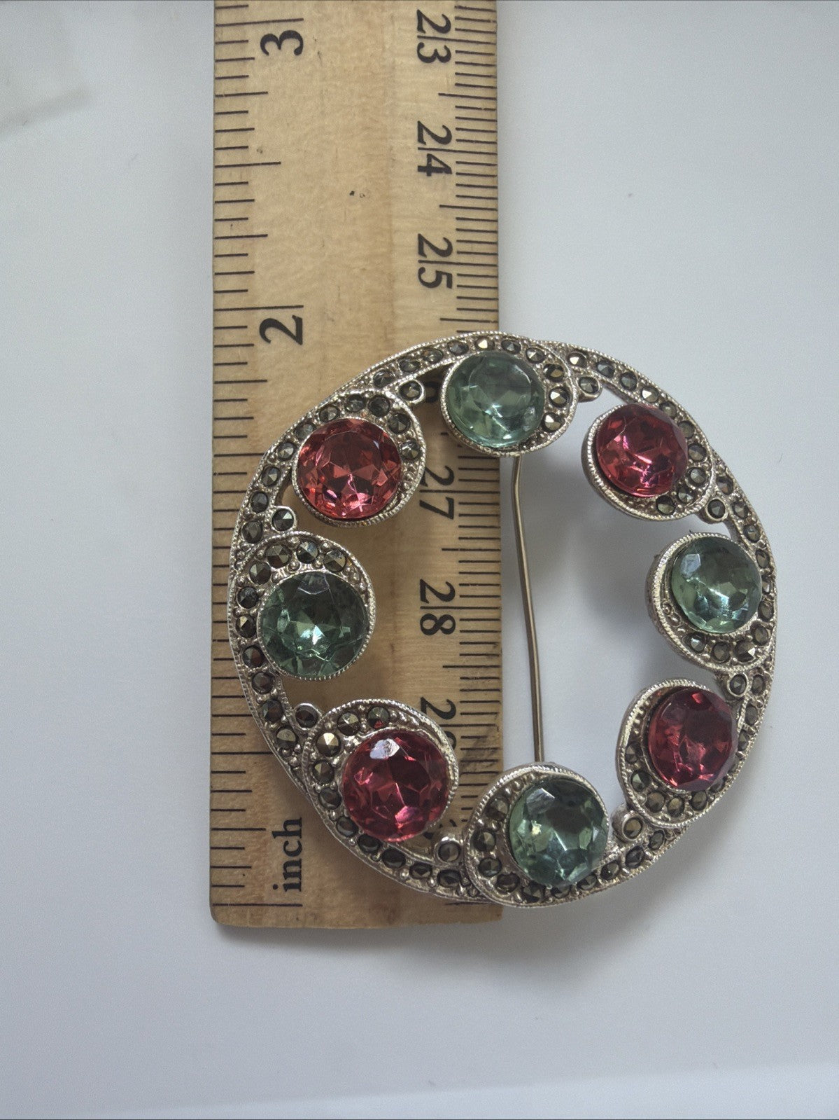 Vintage Art Deco Silver-tone Pink & Blue Circle Brooch w/ Marcasites 2inch