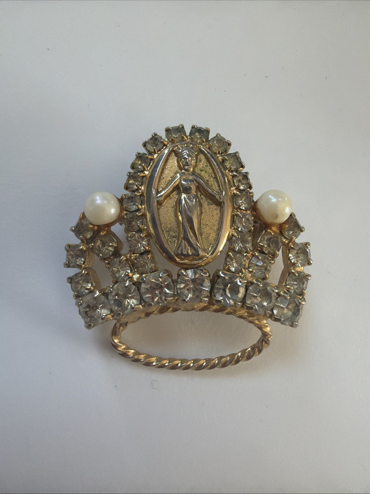 Vintage Gold Toned Pearl & Rhinestone Mary Crown Brooch