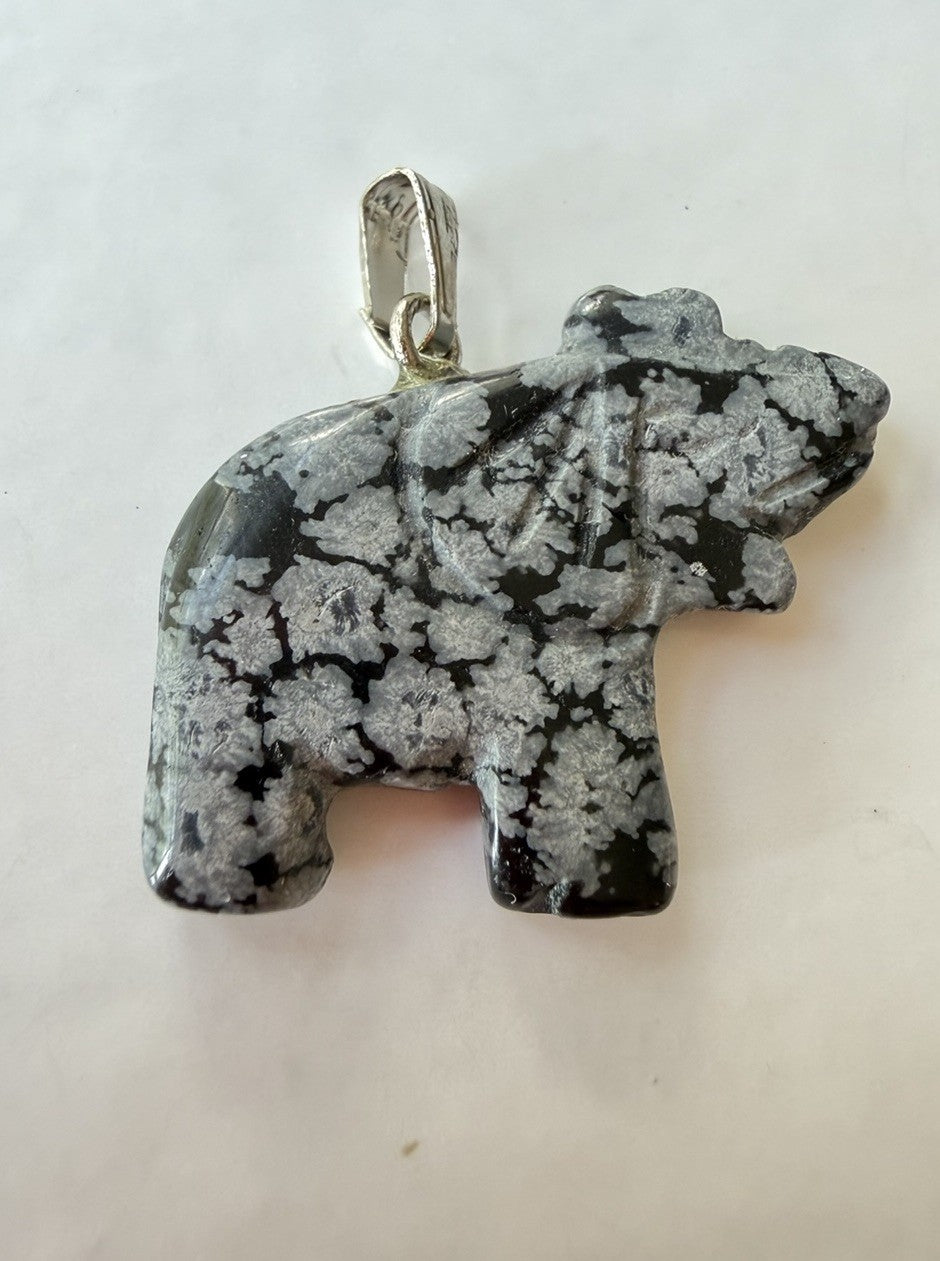 Vintage Hand Carved Natural Stone (Snowflake Obsidian ?) Elephant Fetish Pendant