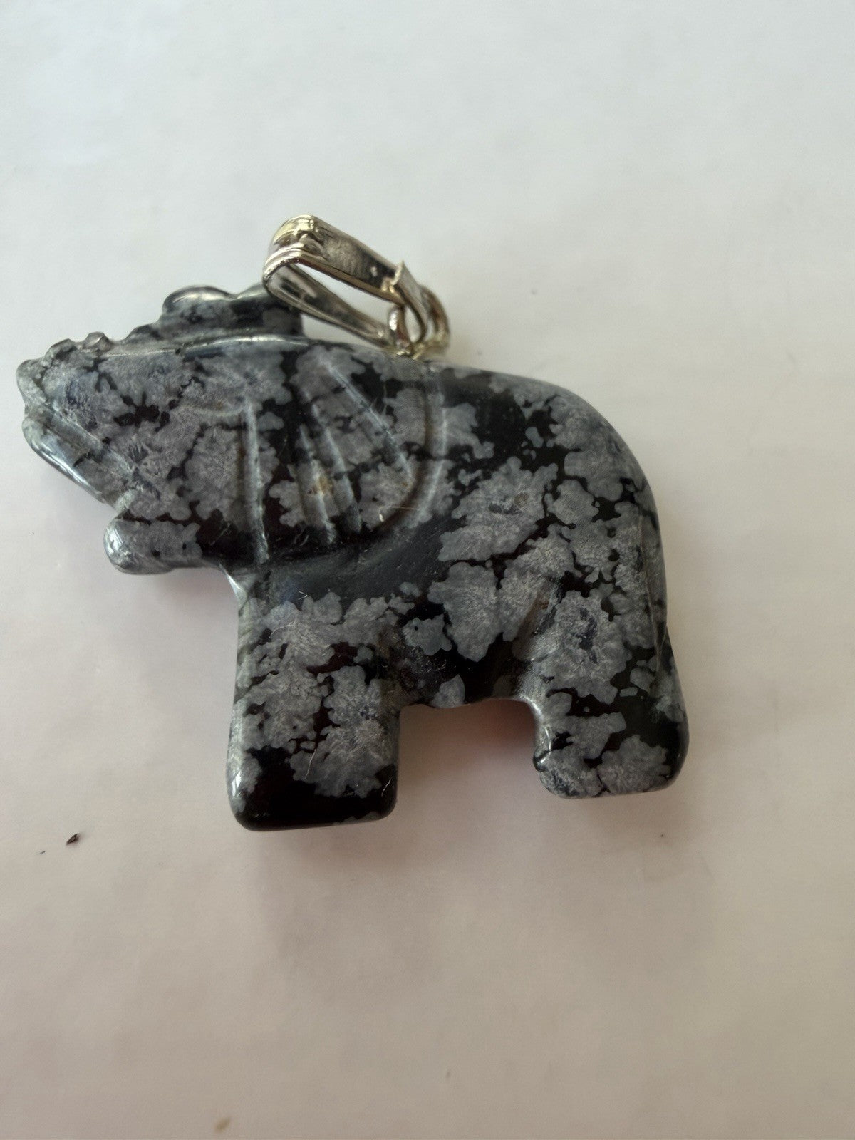 Vintage Hand Carved Natural Stone (Snowflake Obsidian ?) Elephant Fetish Pendant