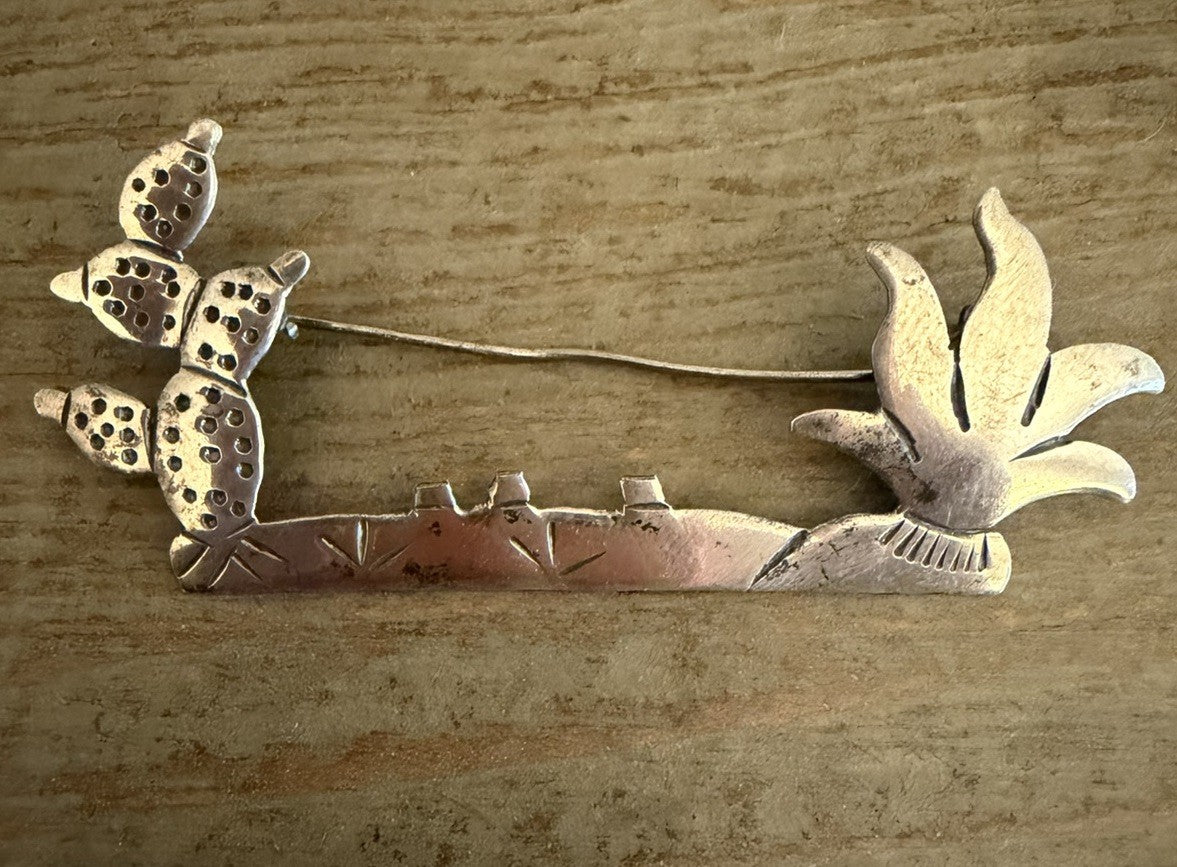 vtg signed Mexico sterling silver pin desertscape agave Cactus