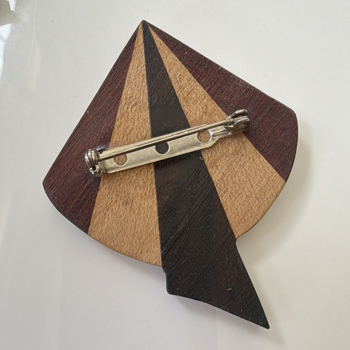 Geometric Art Deco Wood Inlay Asymmetrical Brooch & Earring Set Brown Black 3pc