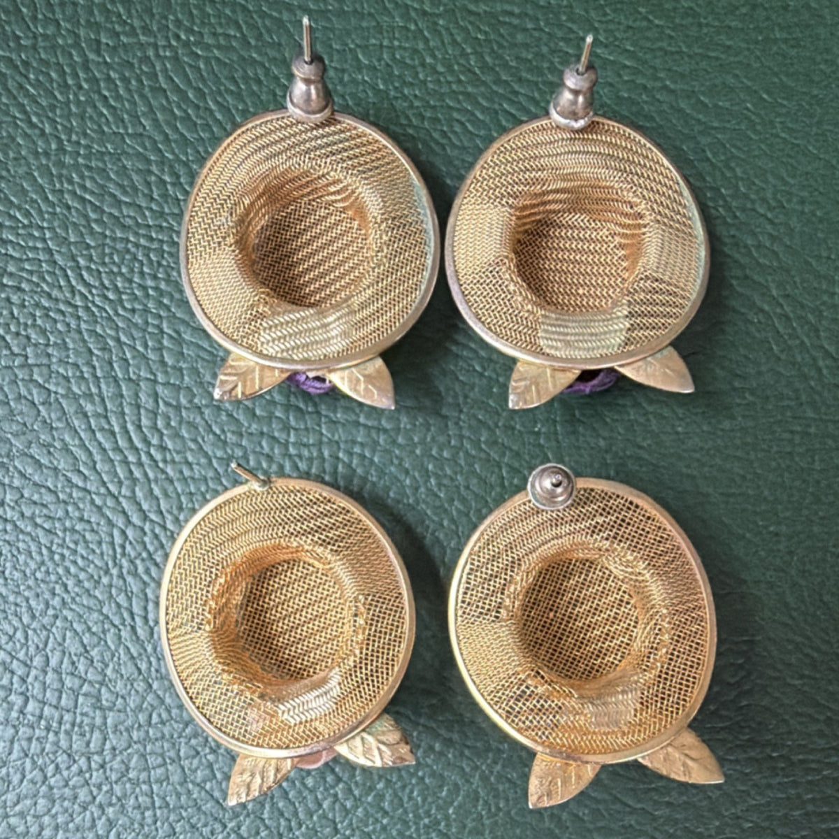 Vintage Retro Hat Stud Earrings Gold Tone  w/ Fabric Ribbon Rose