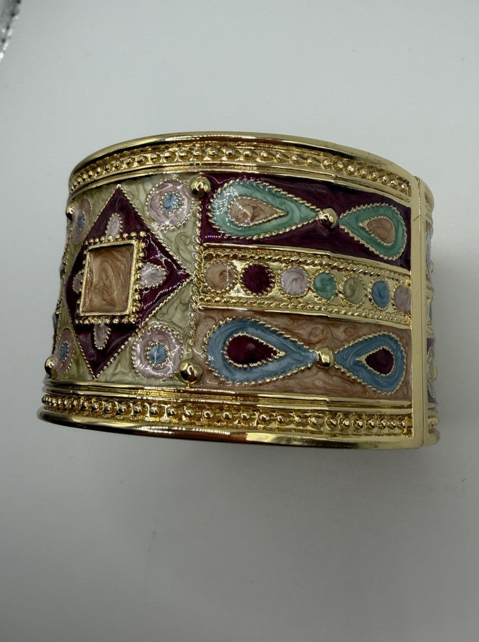 Egyptian Revival Big Bold Clamper 1980 Bracelet colorful enamel vintage gold tne
