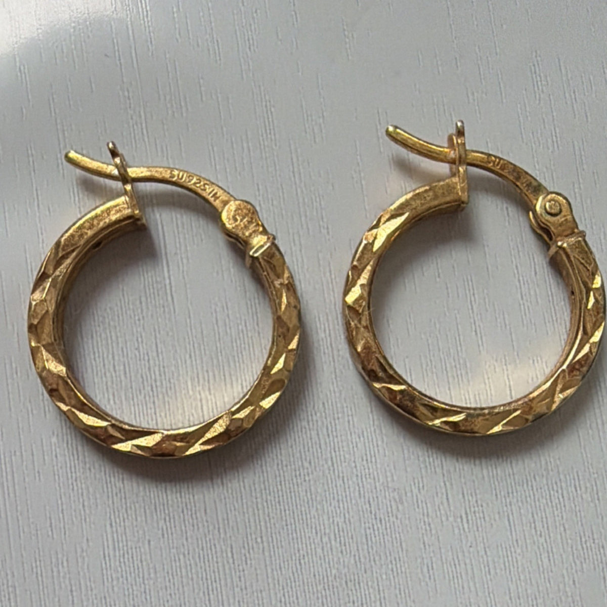 SU Sterling Silver 925 with Gold over, huggie faceted Earrings Hinged Closure