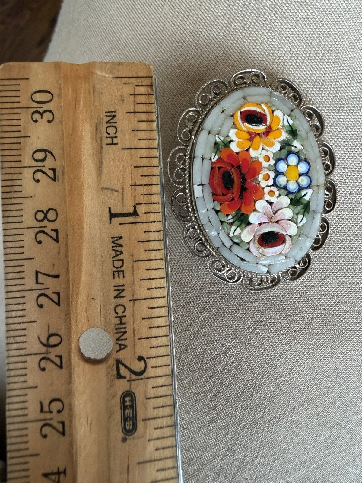 Vintage Micro Mosaic Art Glass Italy Floral Inlaid Costume Pin Brooch Gorgeous