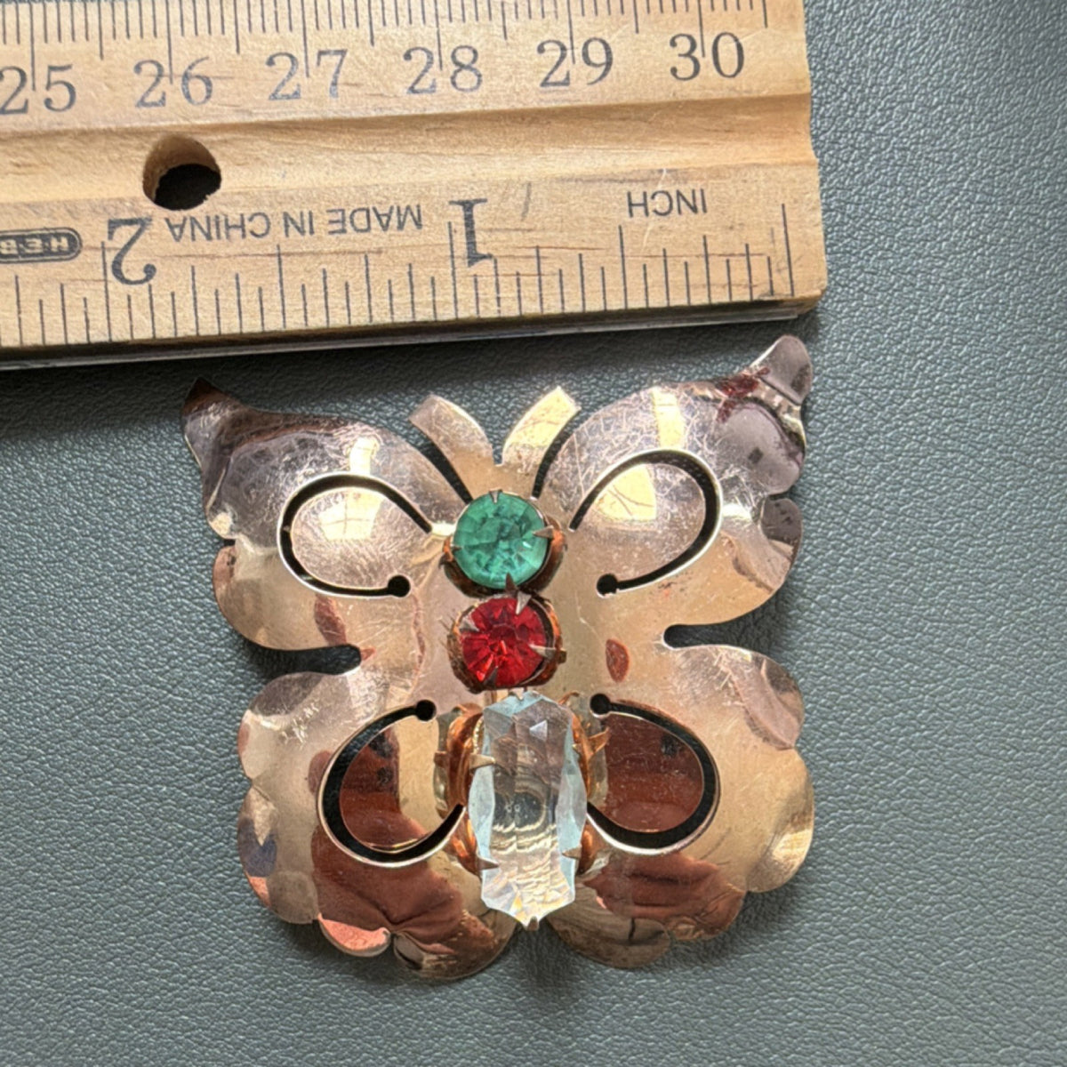 Vintage sterling silver Butterfly Brooch Pin, colored glass stones, 1.75 in