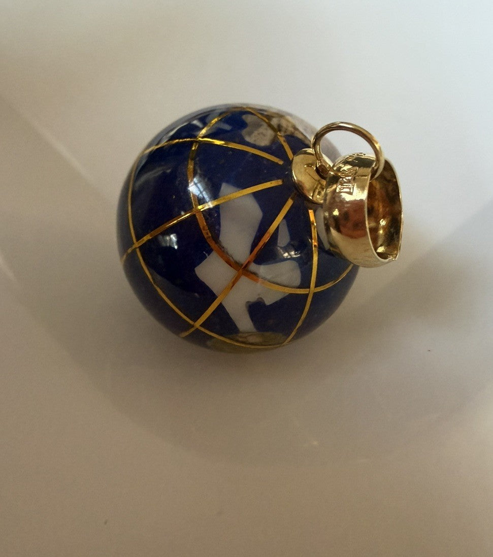 14 Karat Yellow Gold Multi Gemstone Inlay Globe World Pendant Free Shipping