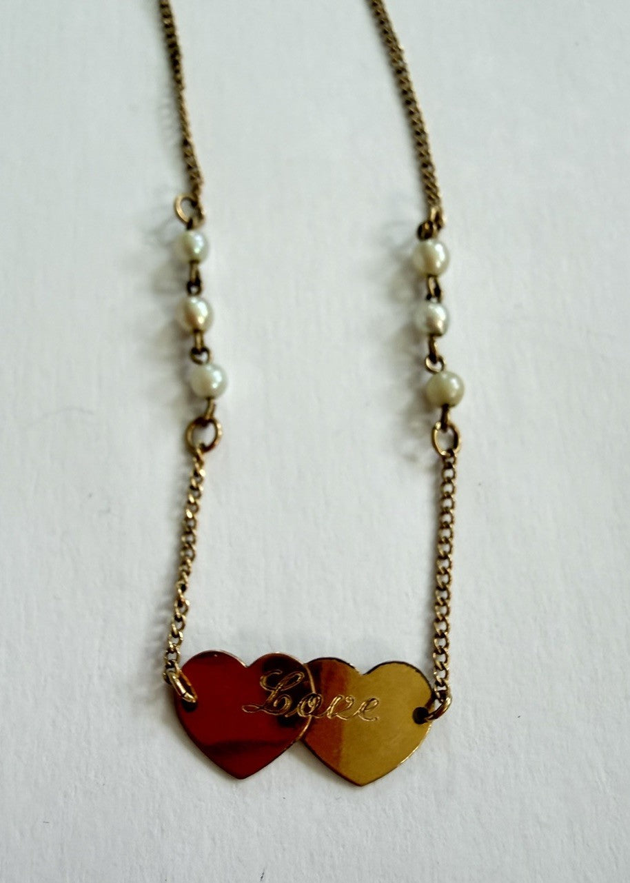 Double Heart And Pearl  Vintage 12k Gold Filled 9" “Fay & Al”