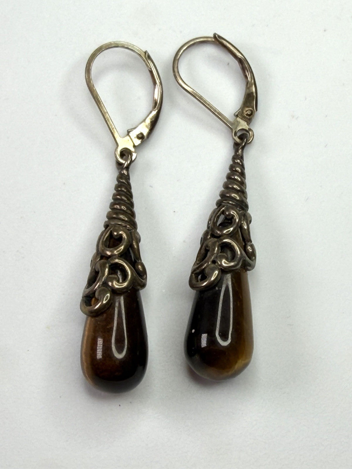 Vintage Dangle Teardrop Earrings Ornate Sterling Silver 925 Cap Tiger Eye Stone