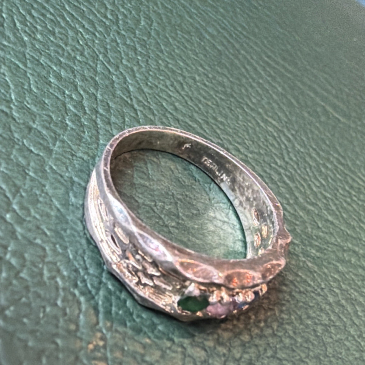 Sterling Silver 925 Ring with Green spinel, diamond and blue topaz, Size 6