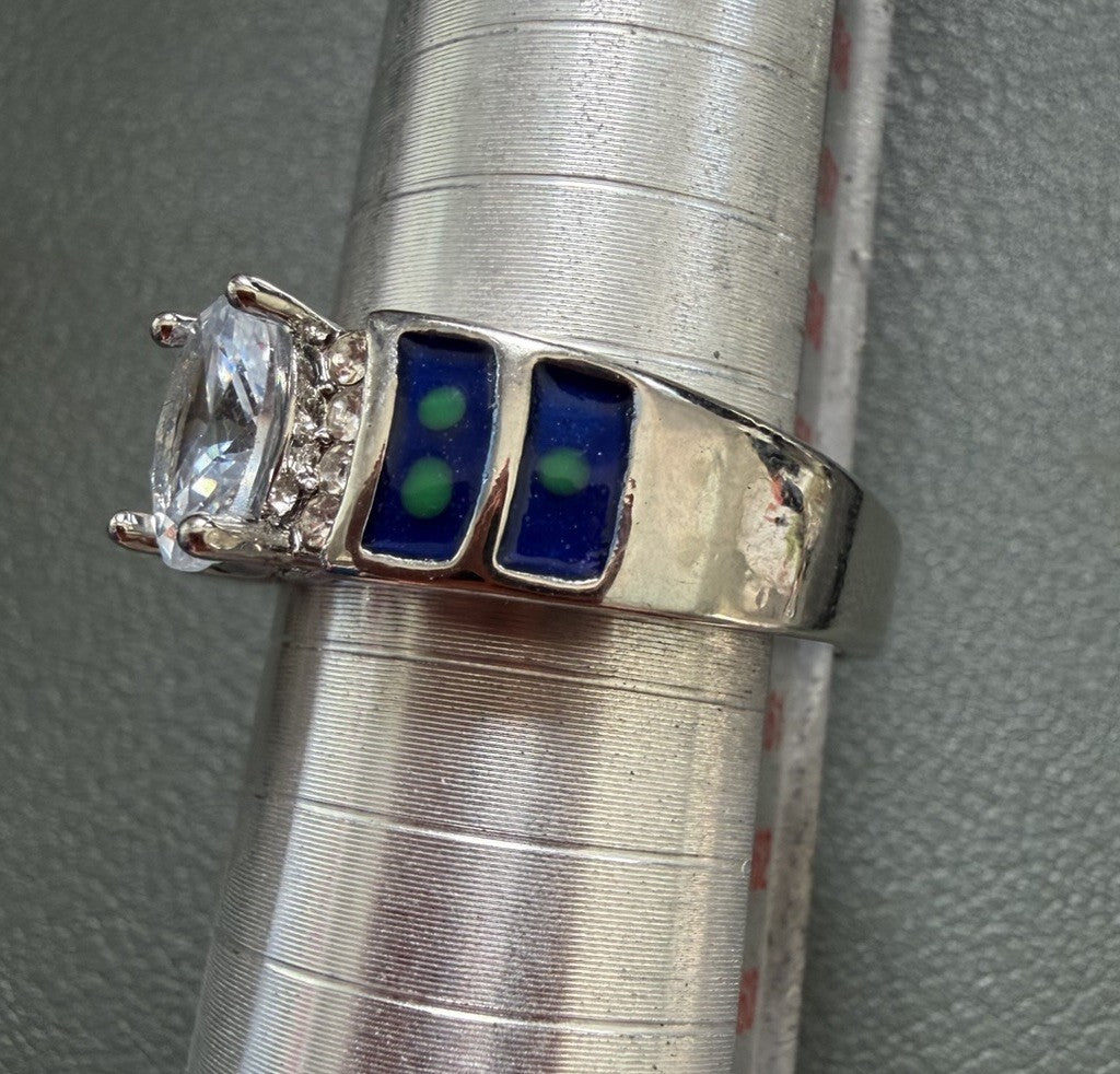 Silver Tone Ring Oval Clear Stone Blue Accents Prong Setting Band Sz 9.25